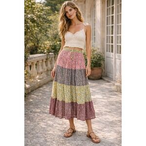 Jackpot Tiered Floral Maxi Tiered Skirt Patchwork Multicolor Boho Prairie Size S